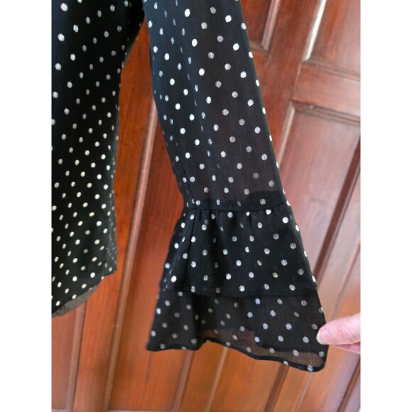 Talbots Petites Black & Silver Polka Dot Blouse With Ruffle Sleeves Size LP - Picture 3 of 9